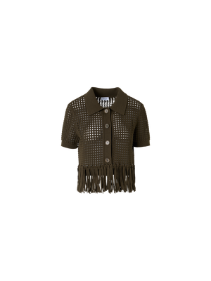 Designer Kurzärmelige Strickjacke aus grobem Baumwoll-Mesh - Grün