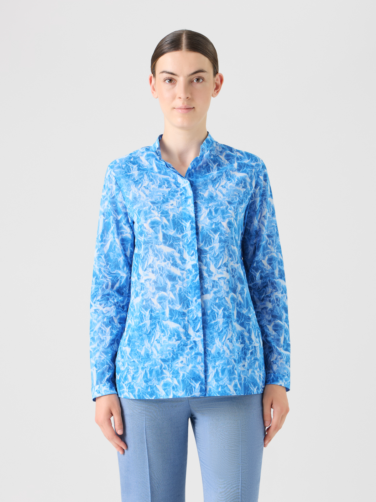 Designer Tunika-Bluse aus Baumwoll-Voile mit Whitecaps-Print - Blau #editorial