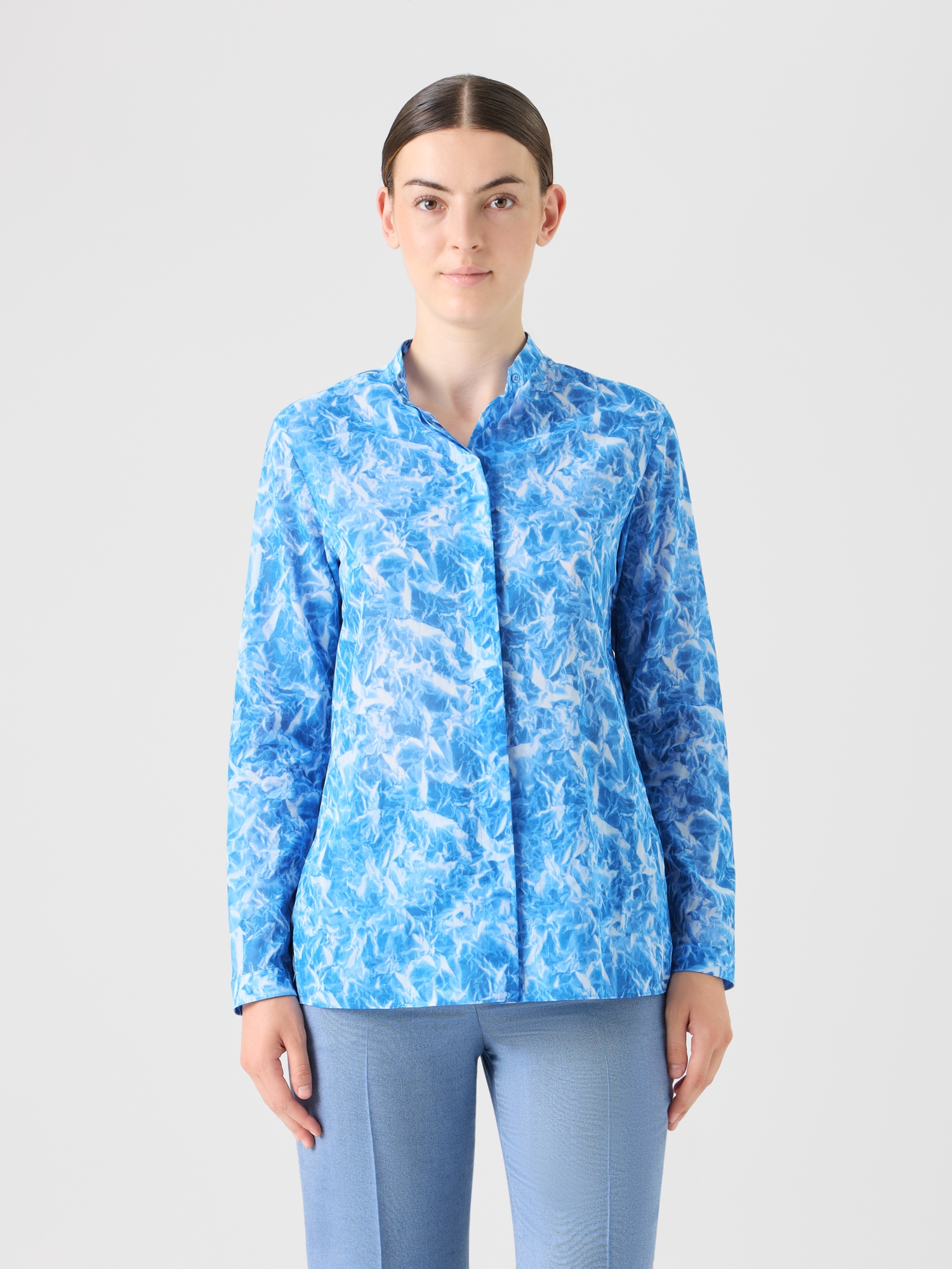 Designer Tunika-Bluse aus Baumwoll-Voile mit Whitecaps-Print - Blau 