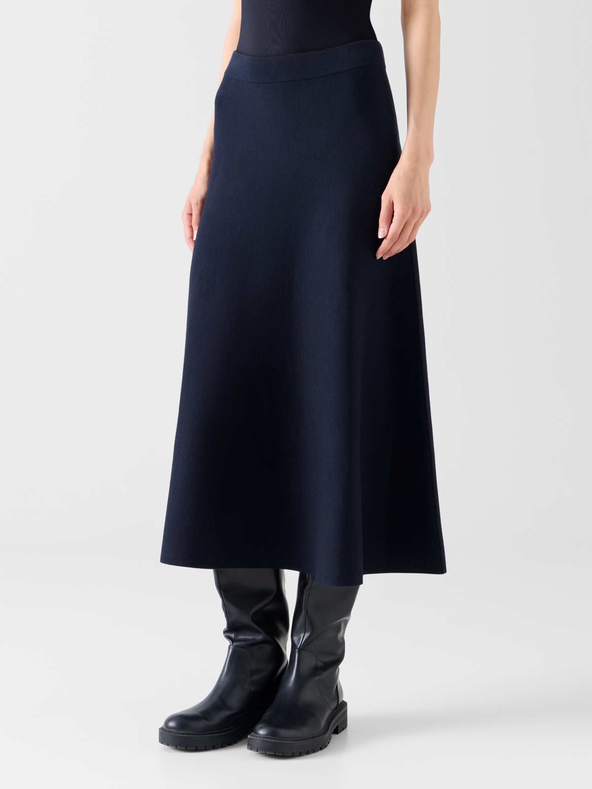 Designer Ausgestellter Midirock aus Milano-Strick - Dunkelblau 