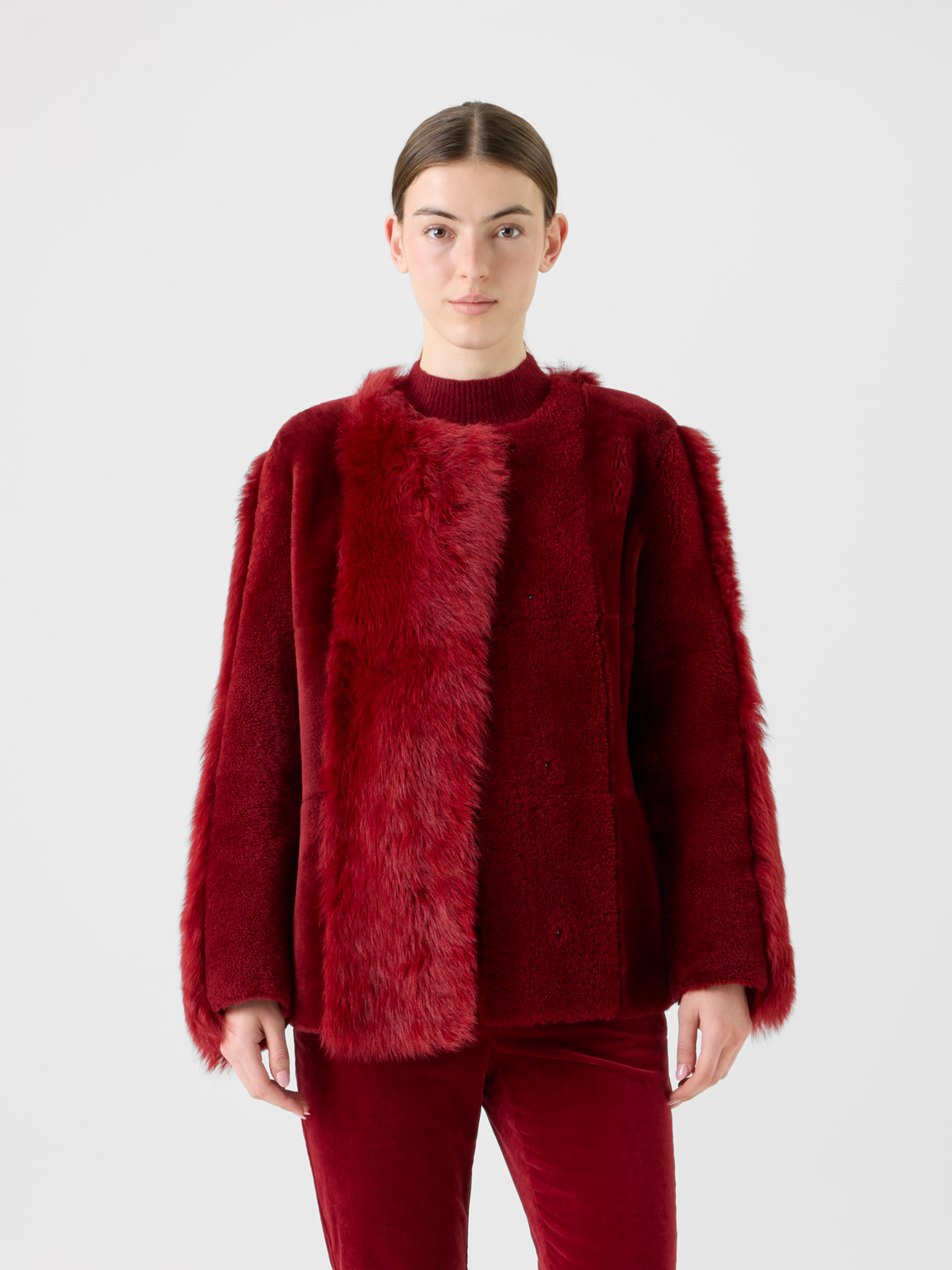 Designer Grosszügiger Patchwork Lammfell Kurzmantel - Rot #editorial