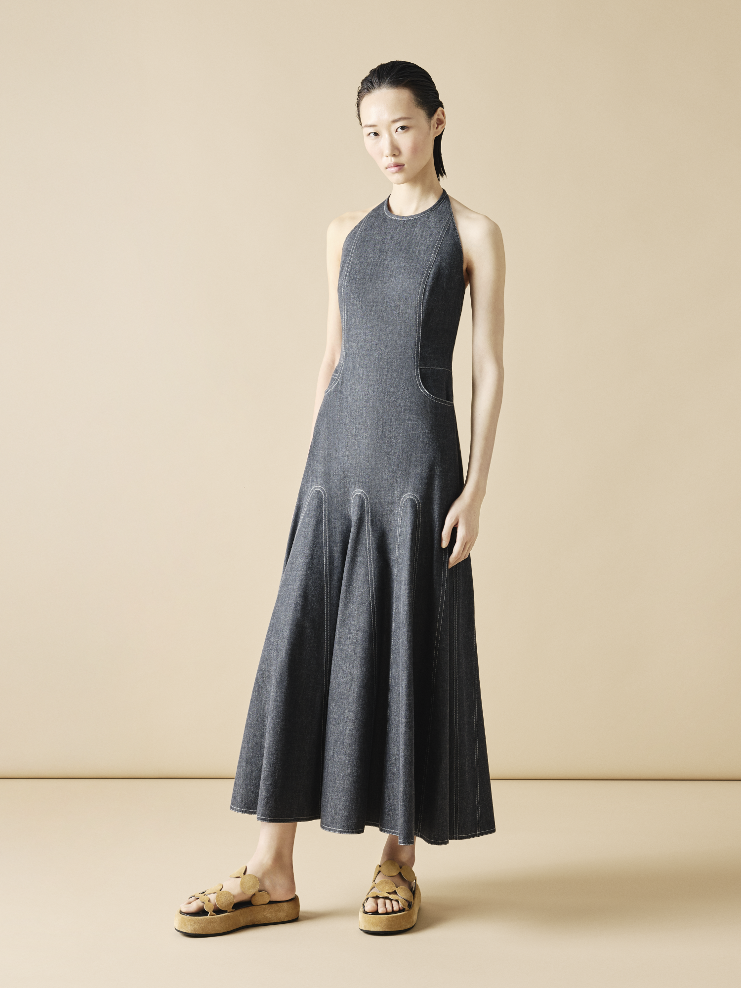 Designer Midi-Denim-Halterkleid - Schwarz 