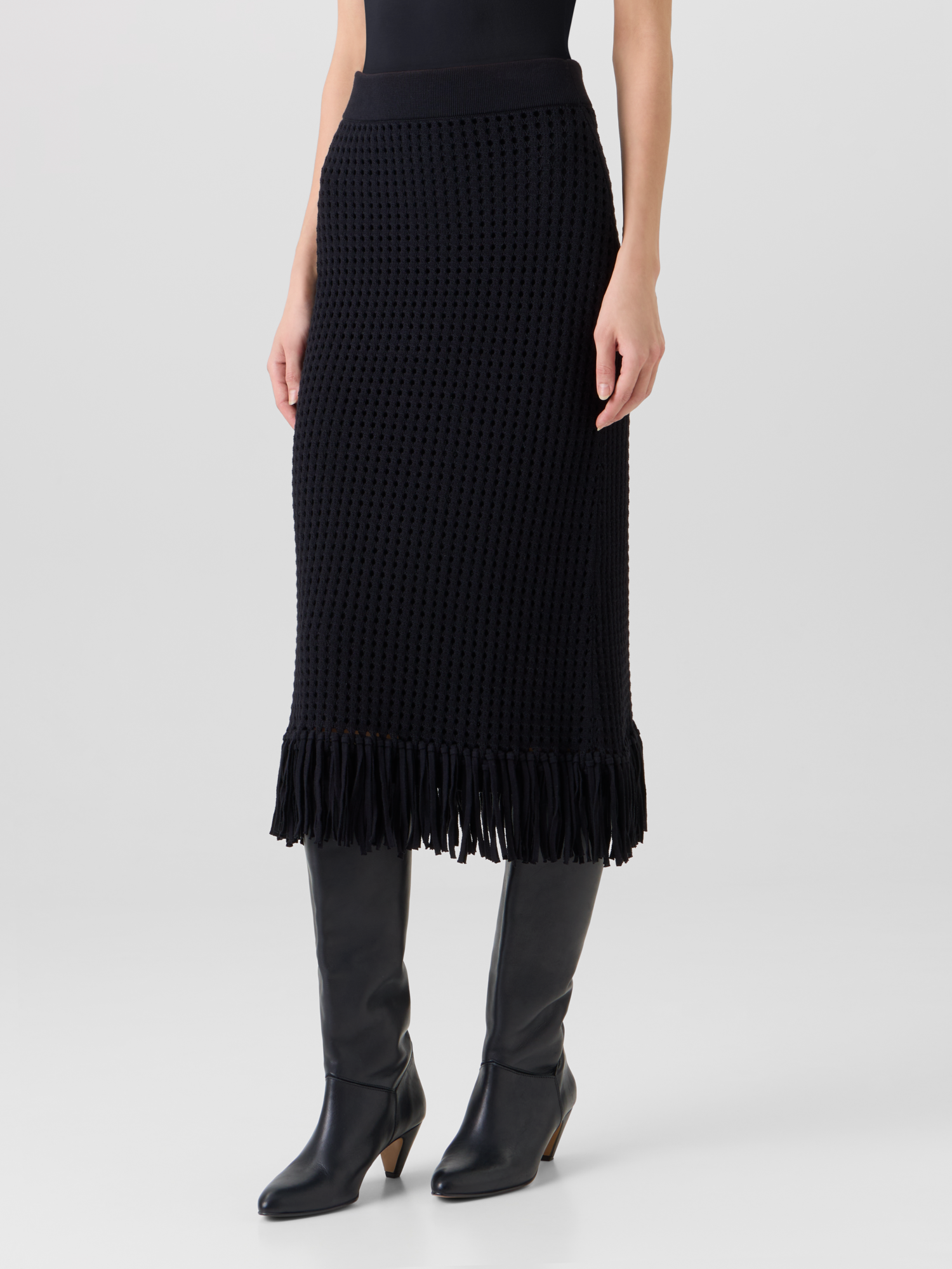 Designer Taillierter Strick-Tube-Rock aus grobem Baumwoll-Mesh - Schwarz 