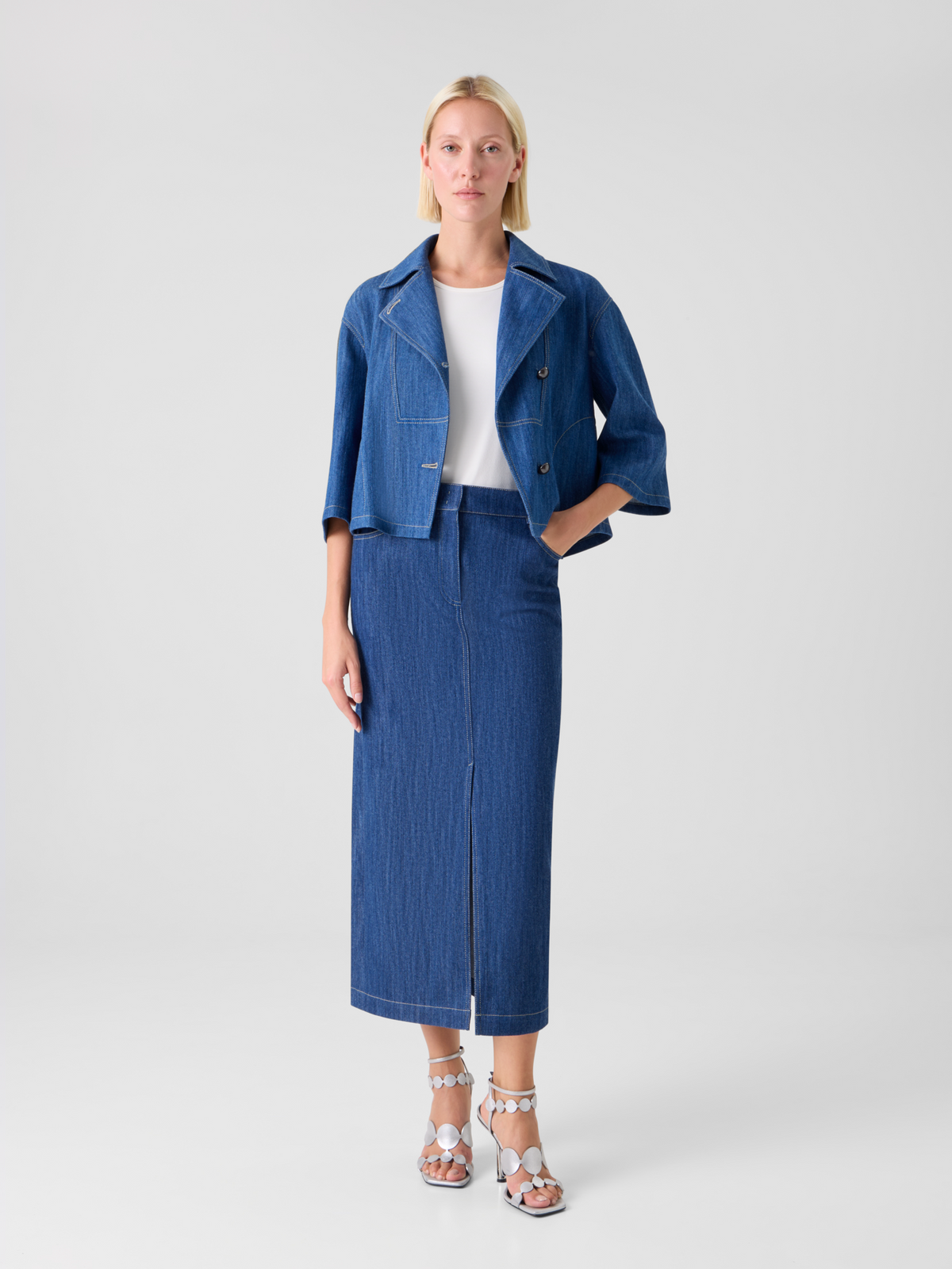 Designer Midi Bleistiftrock aus Baumwoll-Stretch Denim - Dunkelblau #editorial