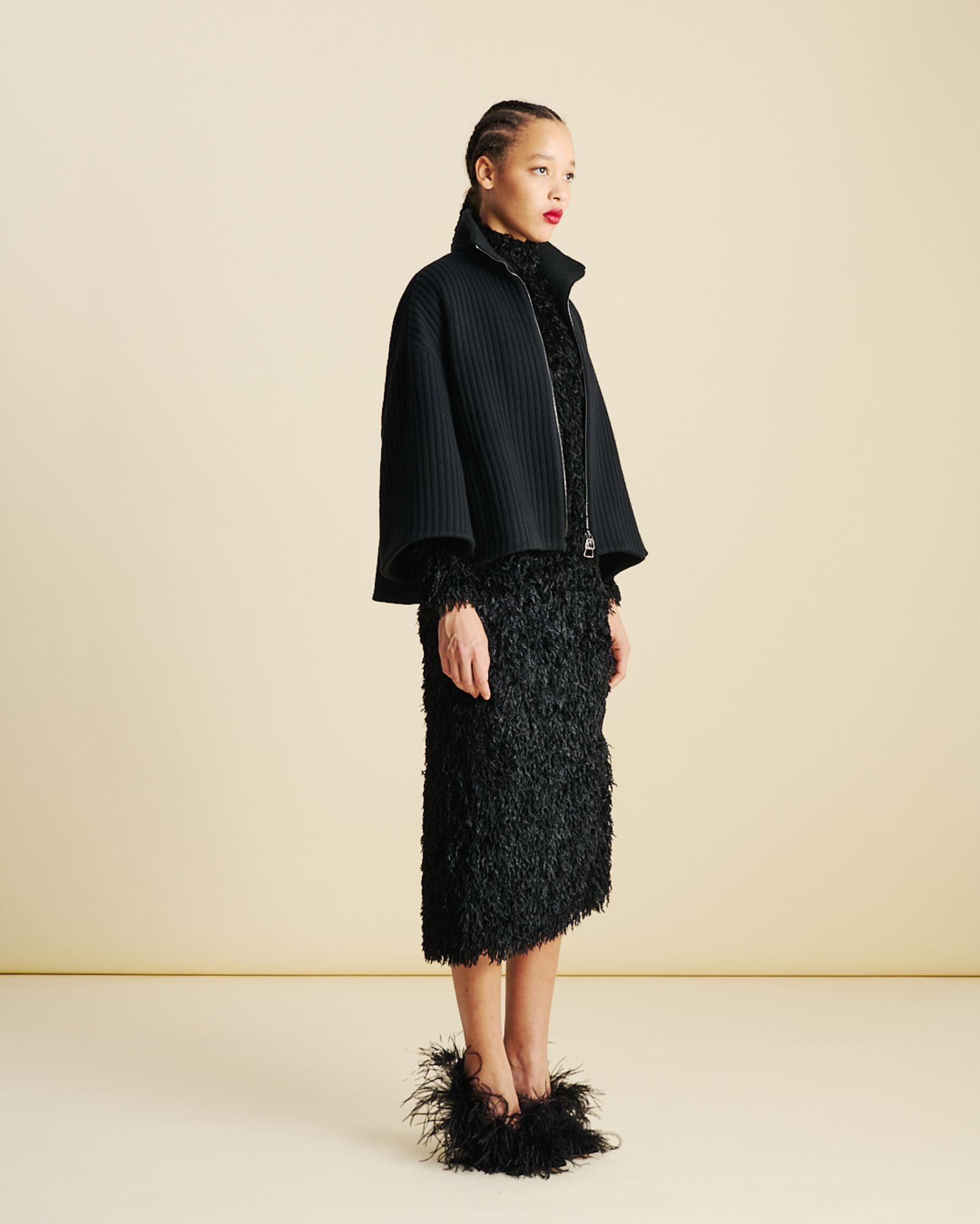 Designer Boxy Strukturkord  Wolle Kaschmir Jacke - Schwarz 