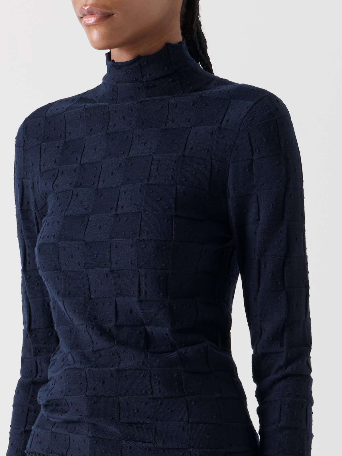 Designer Taillierter Wollpullover mit 3D Dice Strick - Dunkelblau #editorial