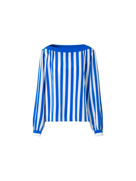 Designer Seidenbluse mit Deck Chair Stripe Druck - Blau - Bunt - Weiss