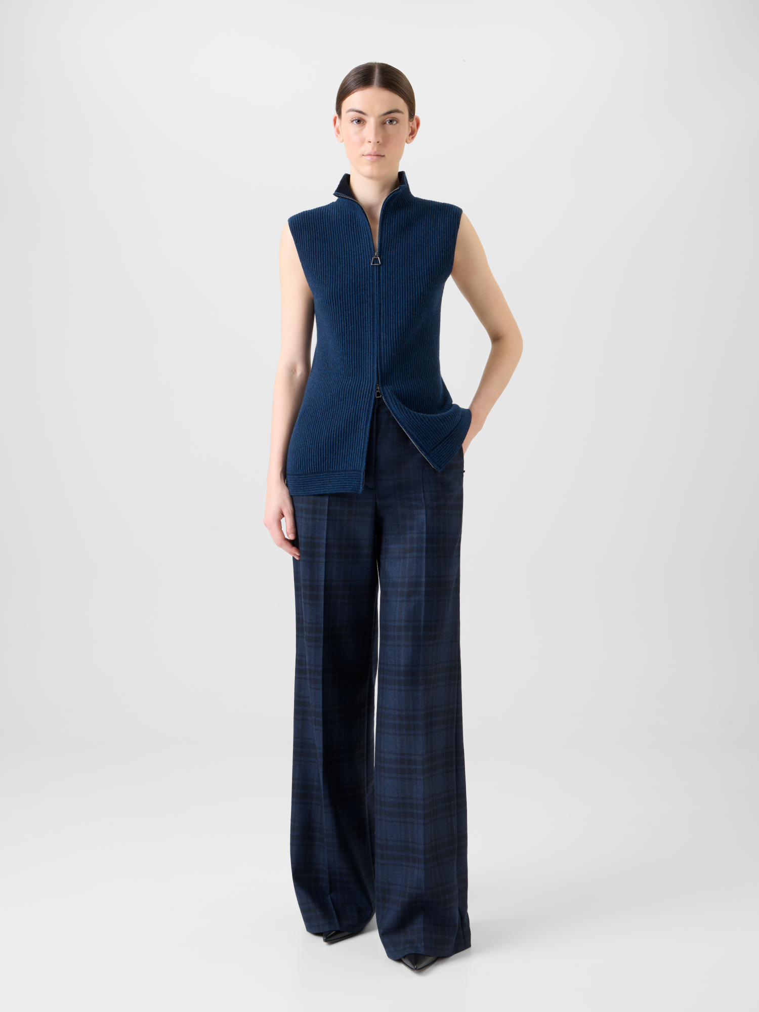 Designer Kaschmir Strick Gilet mit Rippen Vorderteil - Dunkelblau - Blau 