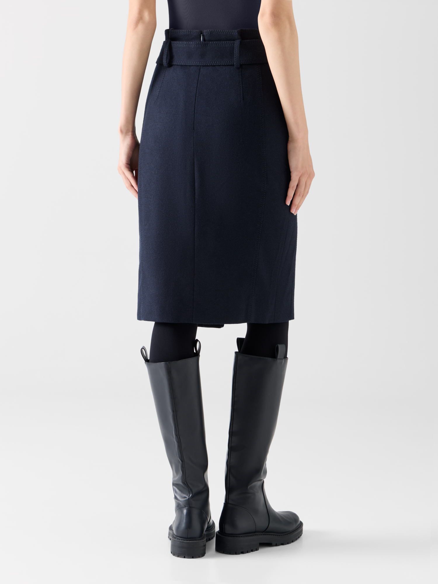 Designer Bleistiftrock aus Wollflanell mit hohem Bund - Dunkelblau 