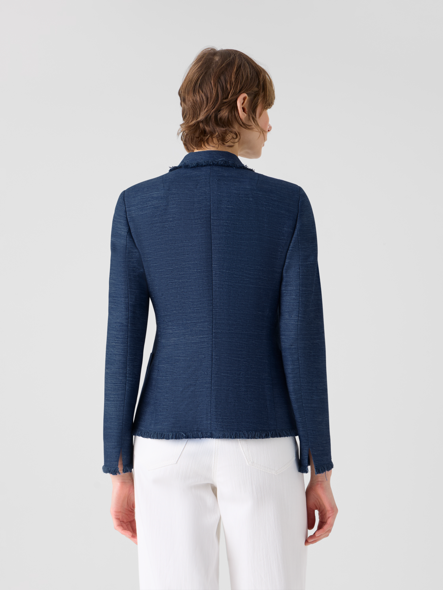 Designer Zweireiher-Jacke aus indischer Seide mit Fransen - Blau