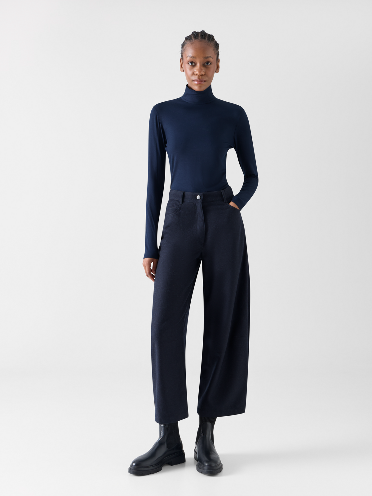 Designer Barrel-Leg Hose aus schwerem Wollflanell - Dunkelblau 