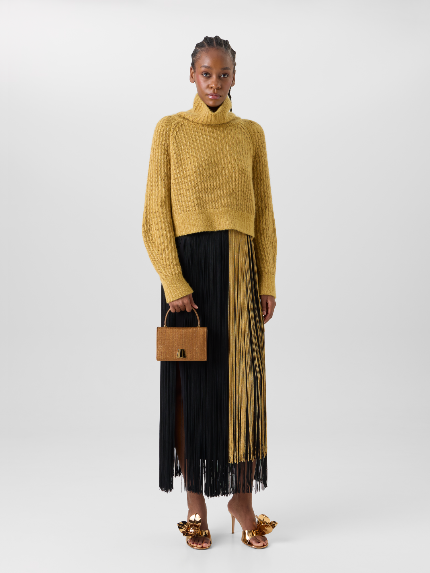Designer Grobstrick-Rollkragen aus Kaschmir-Seiden-Lamé - Gold 