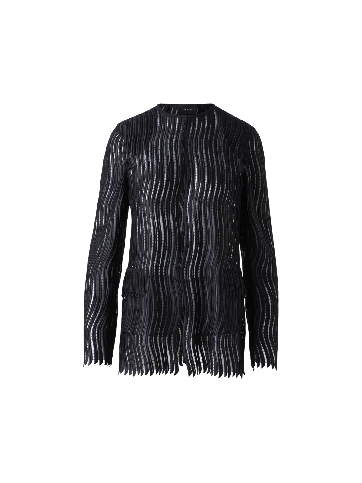 Designer Hekka lange transparente Jacke aus Wave-Guipure - Schwarz