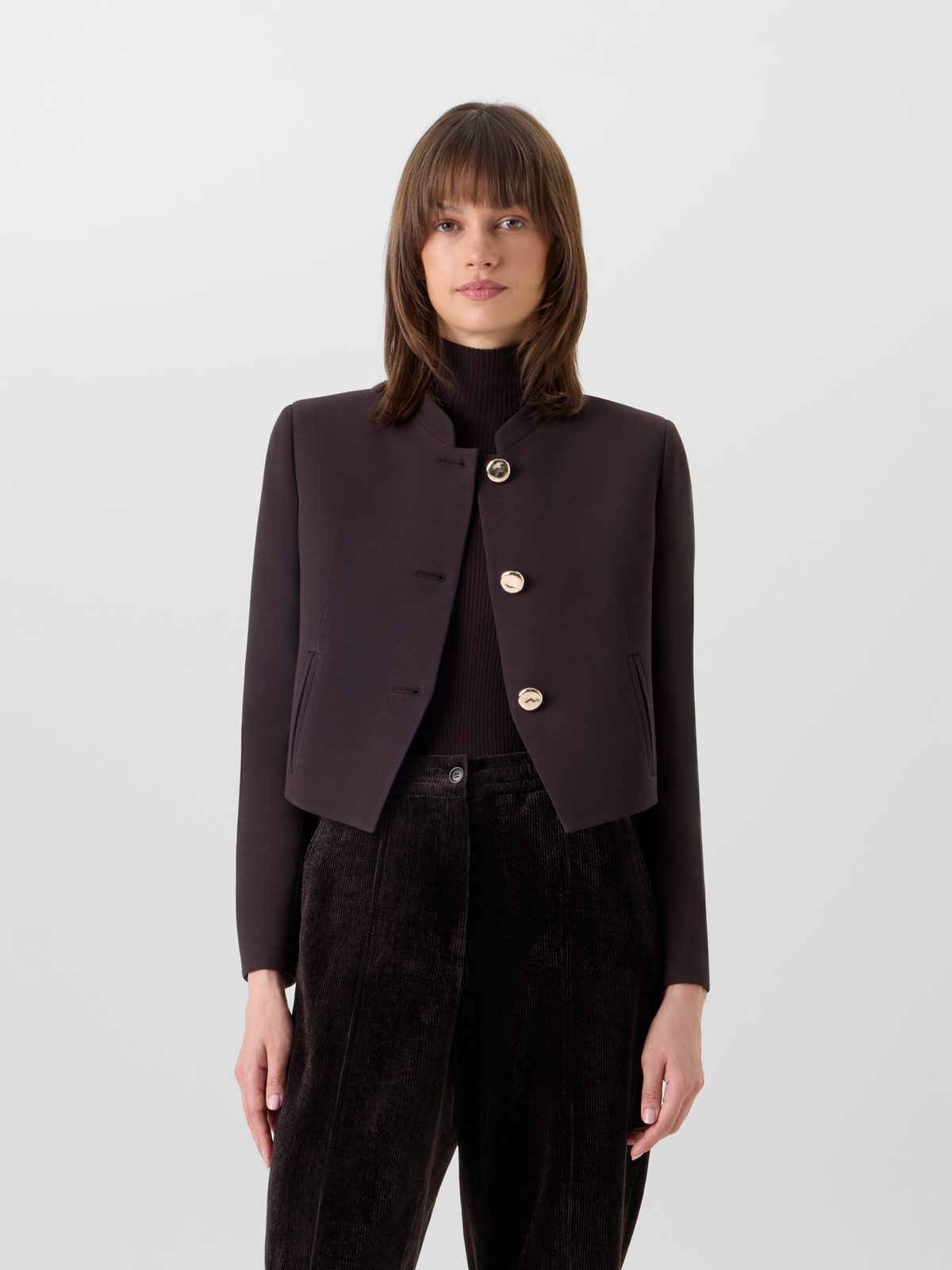 Designer Kurze Woll-Double-Face Jacke mit Goldknöpfen - Braun 