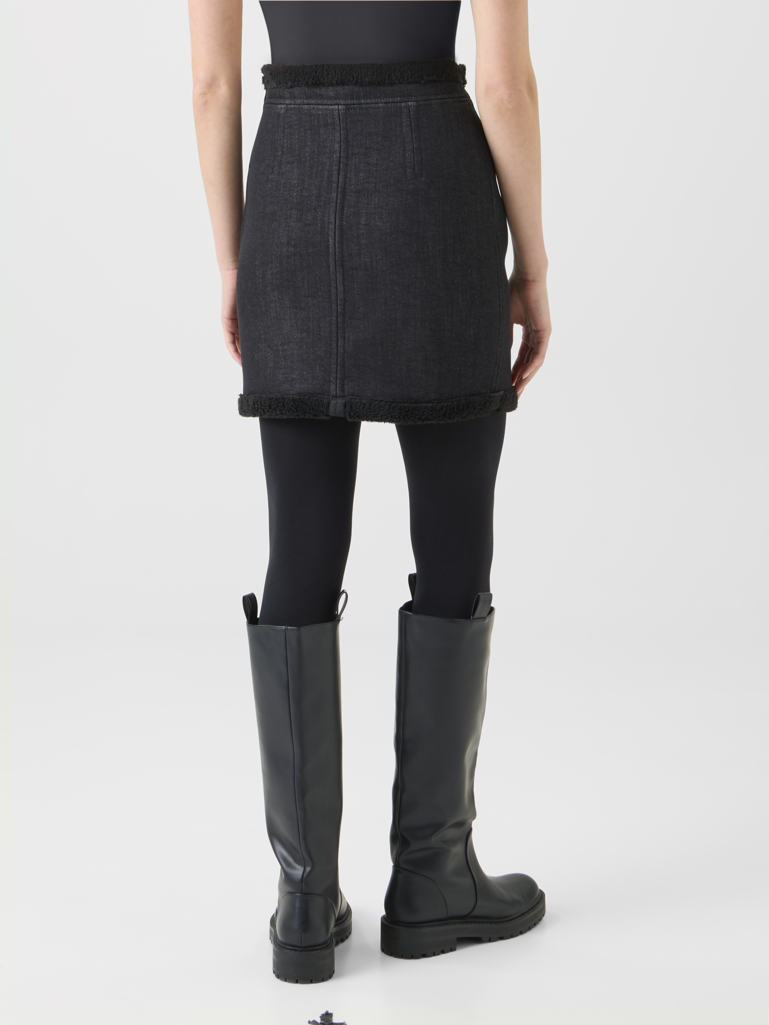 Designer Baumwoll Denim & Fellimitat Minirock - Schwarz 