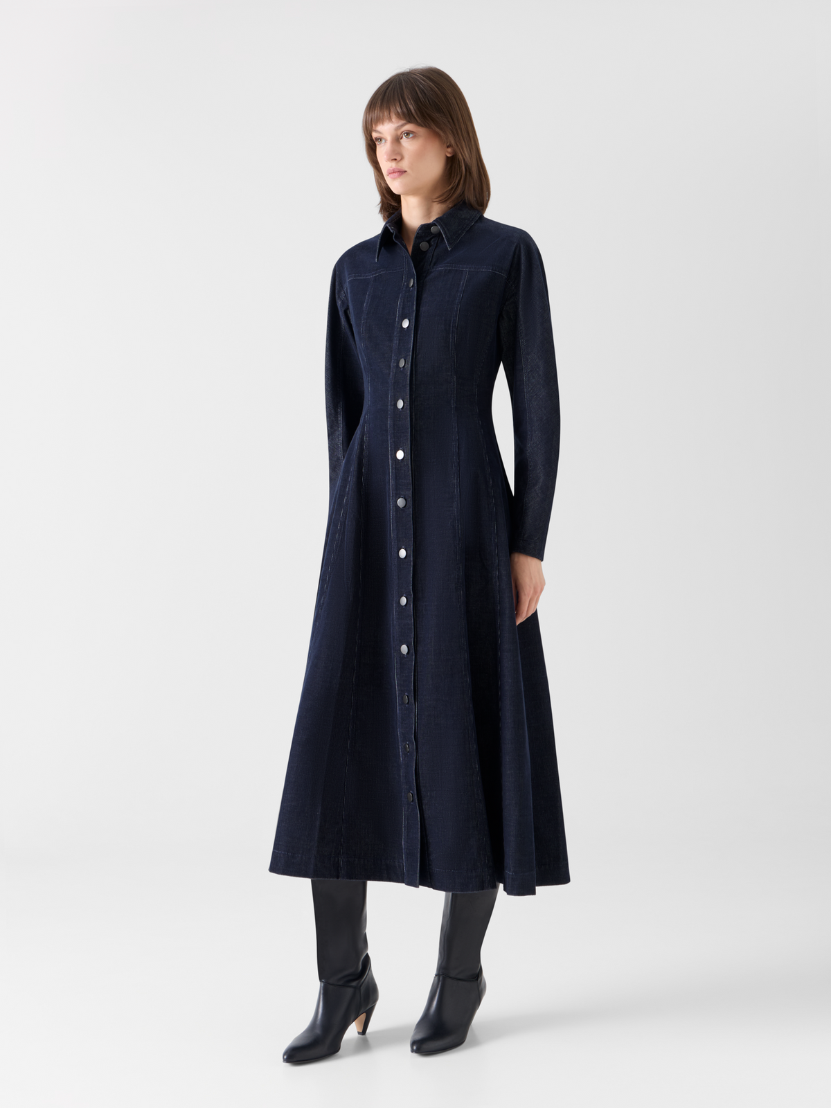 Designer Fit-and-Flare Midikleid aus Changeant-Mikrocord - Dunkelblau 
