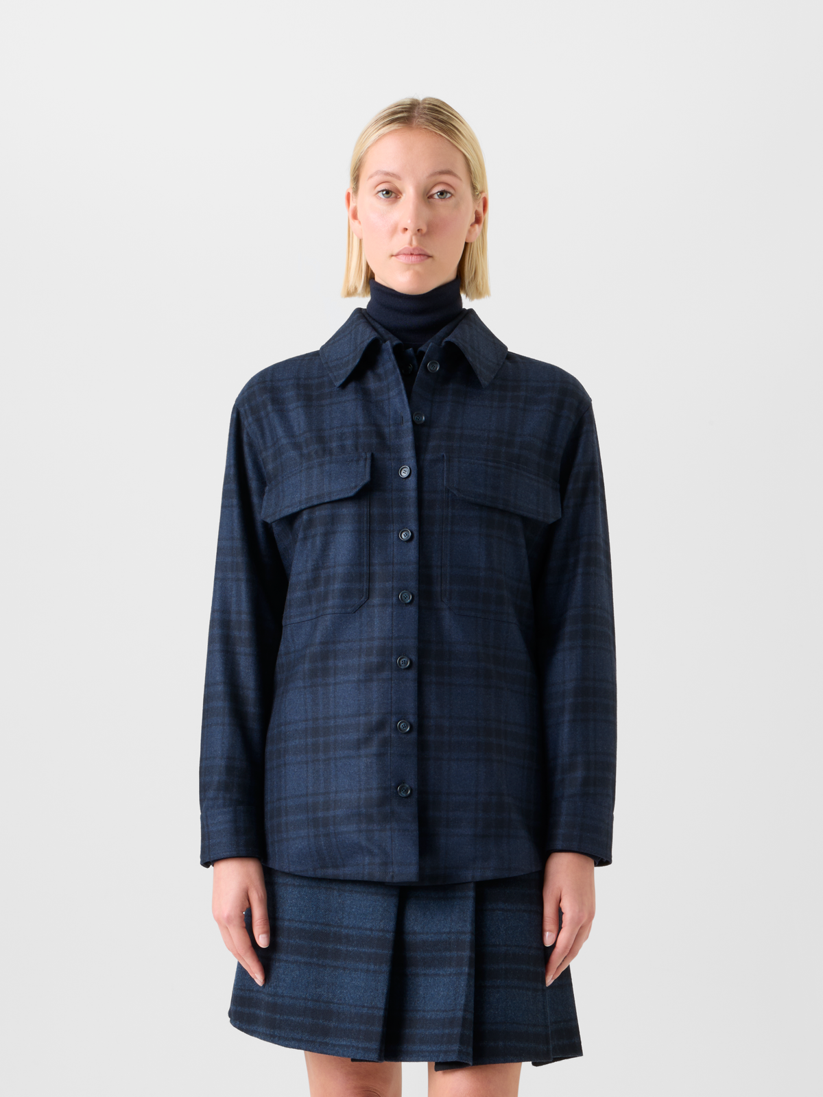 Designer Oversized Wollflanell-Karo-Hemdjacke - Dunkelblau - Blau #editorial