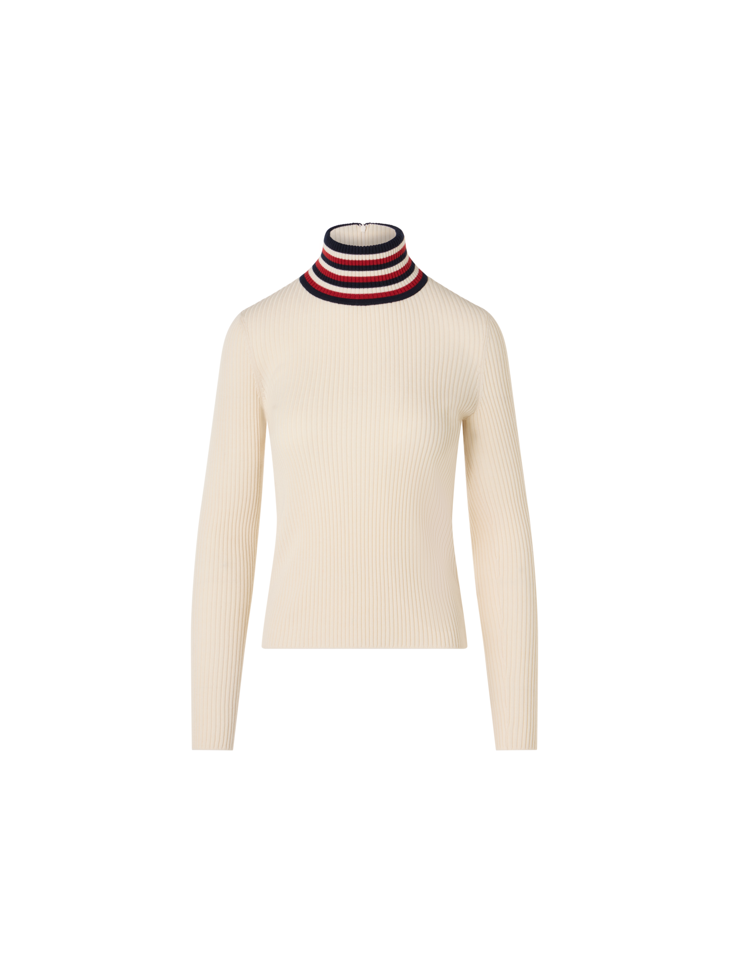 Designer Ripp-Pullover aus Wolle mit gestreiftem Kragen - Ecru