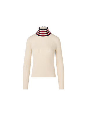 Designer Ripp-Pullover aus Wolle mit gestreiftem Kragen - Ecru