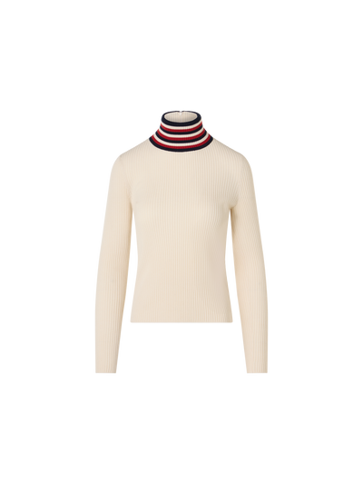 Designer Ripp-Pullover aus Wolle mit gestreiftem Kragen - Ecru