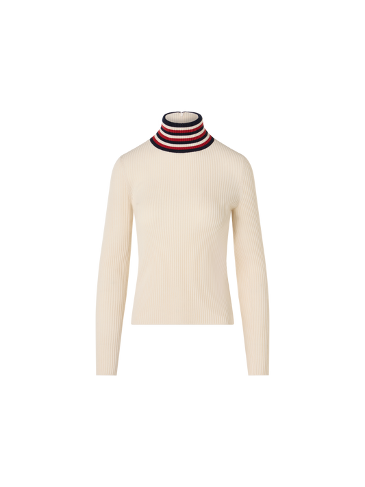 Designer Ripp-Pullover aus Wolle mit gestreiftem Kragen - Ecru