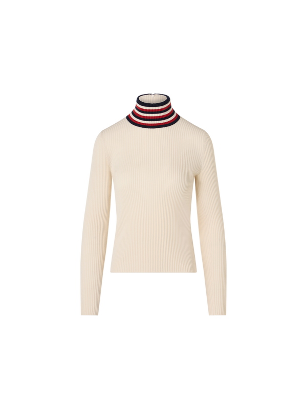 Designer Ripp-Pullover aus Wolle mit gestreiftem Kragen - Ecru