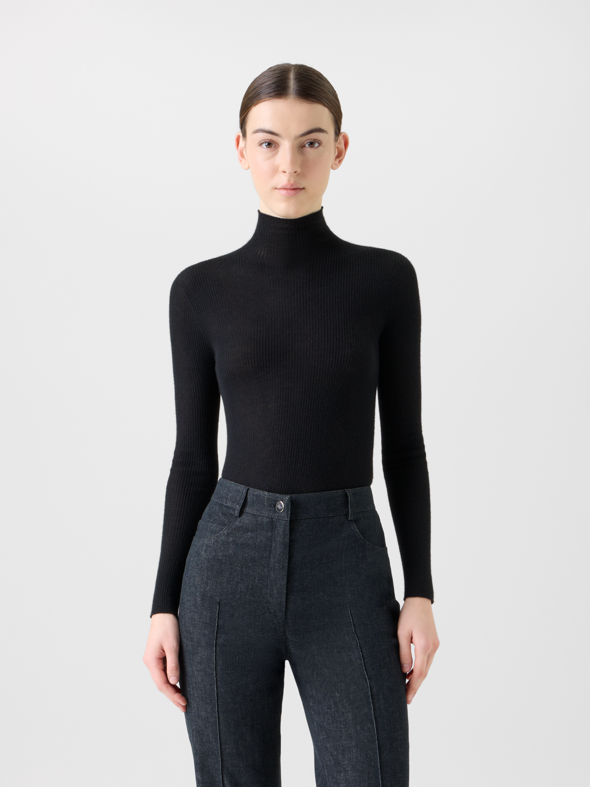 Designer Kaschmir-Seiden-Strickpullover mit Stehkragen - Schwarz #editorial
