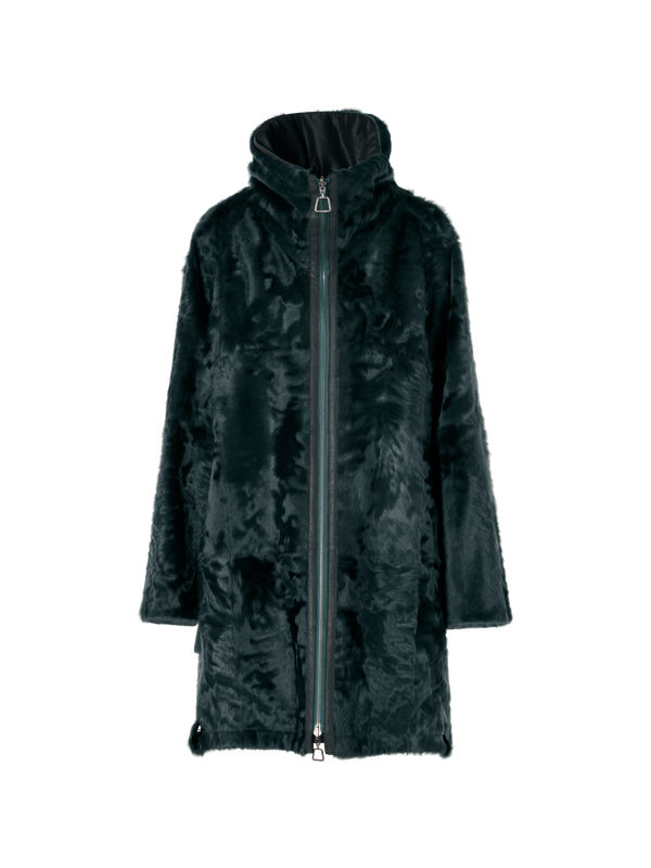 Designer Lamm-Shearling-Parka wendbar zu Seide - Grün