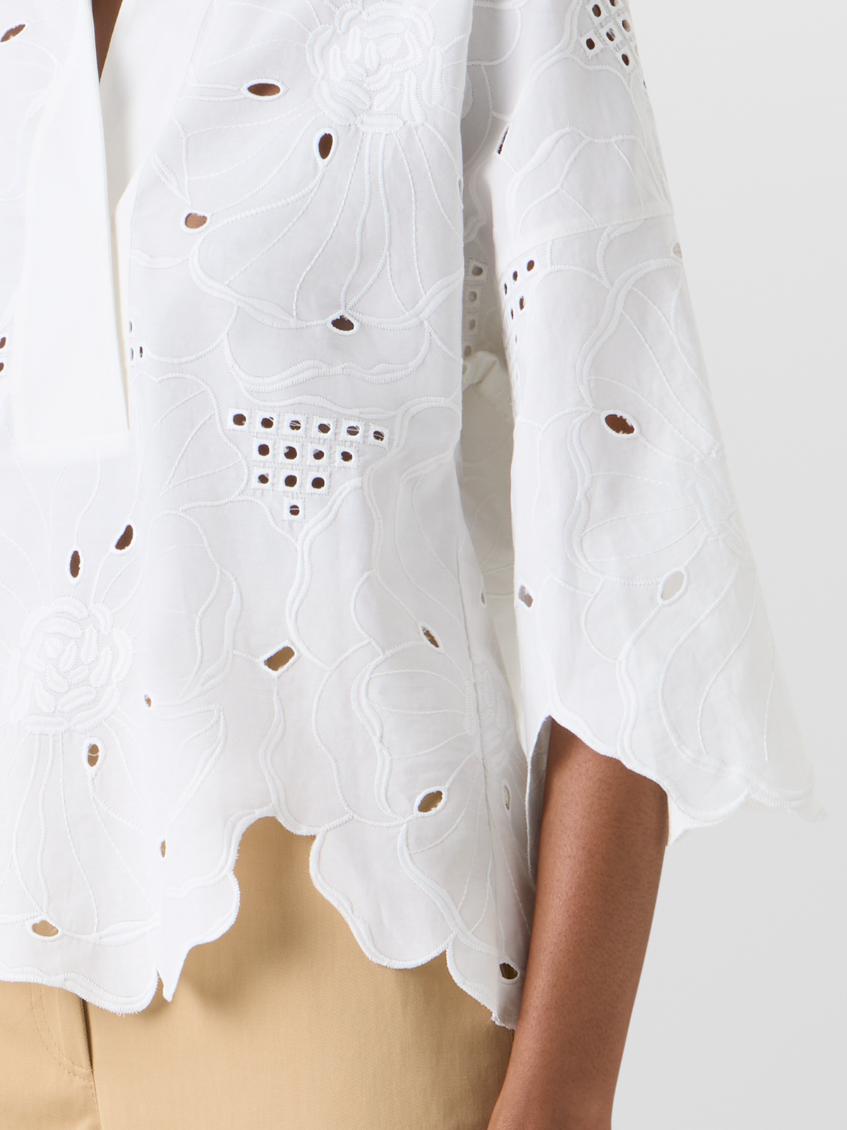 Designer 3/4-Arm-Bluse mit Blumen-Lochstickerei - Weiss #editorial