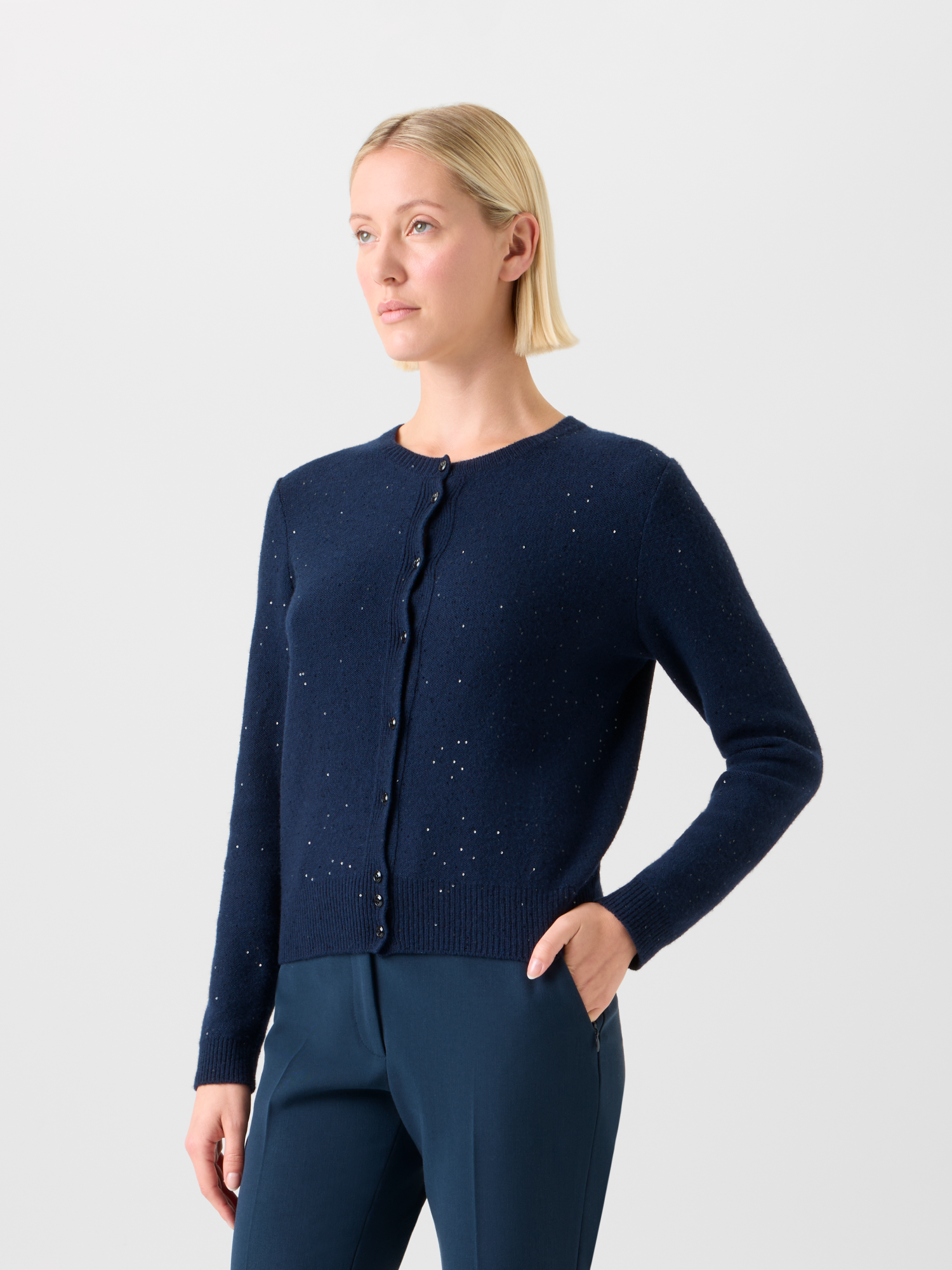 Designer Wolle Kaschmir Pailletten Strick Cardigan - Dunkelblau - Blau 