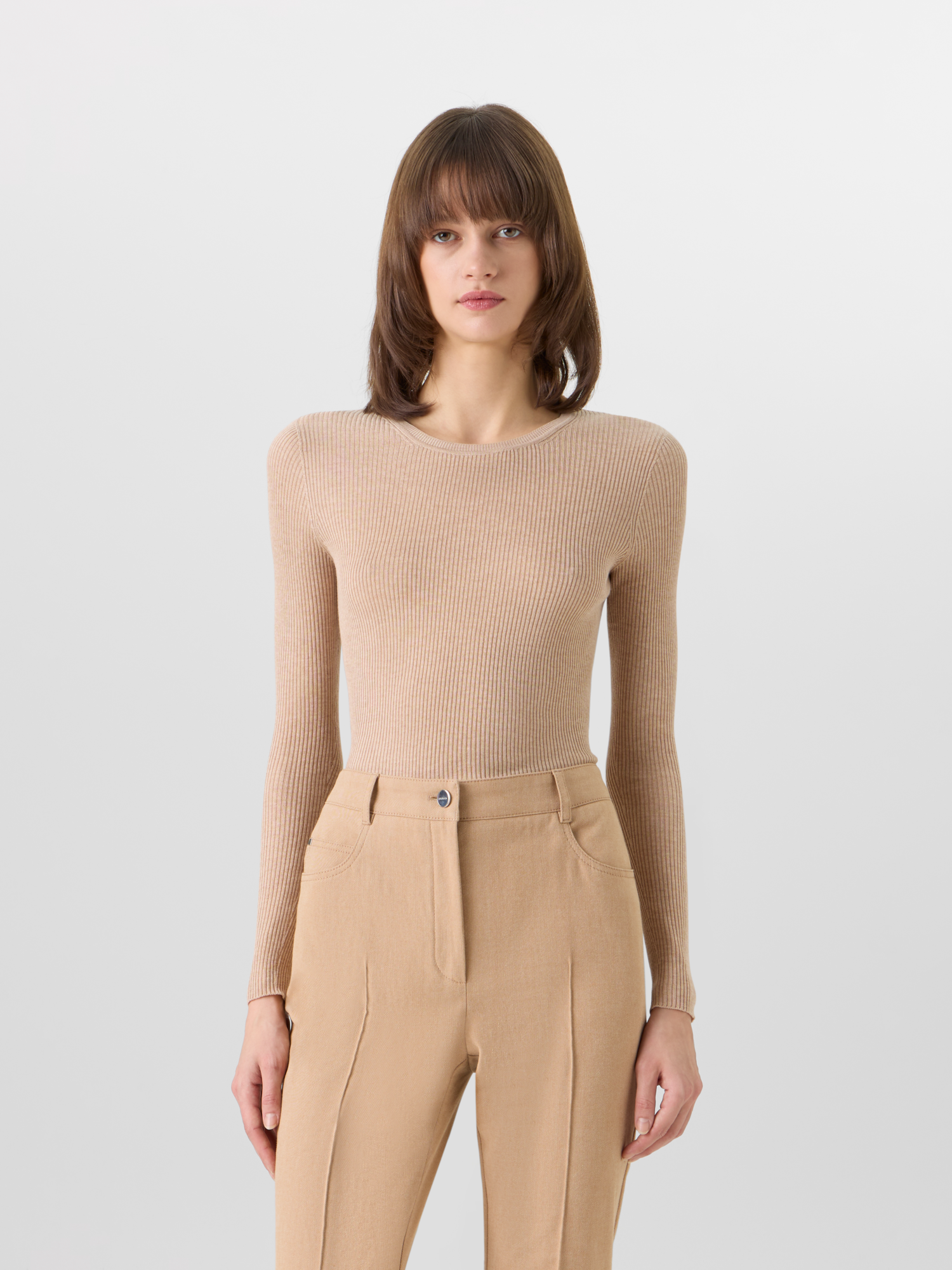 Designer Langärmeliger Strickpullover aus Seiden-Baumwolle - Beige 