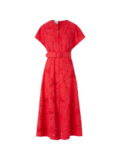 Designer Midikleid mit Blumen-Lochstickerei - Rot