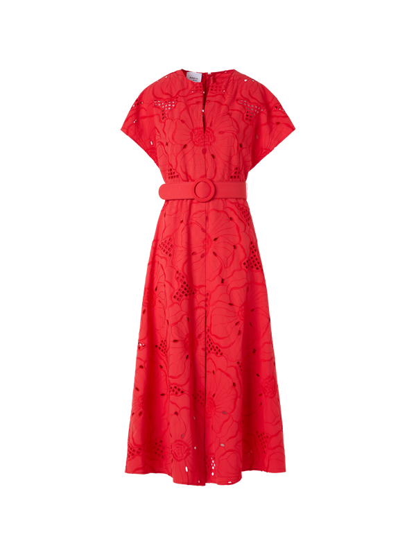 Designer Midikleid mit Blumen-Lochstickerei - Rot