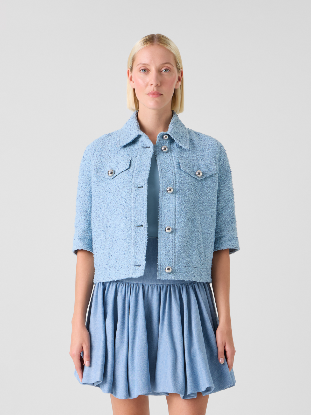 Designer Kurze Sommer-Jacke aus Bouclé-Baumwolle - Blau #editorial