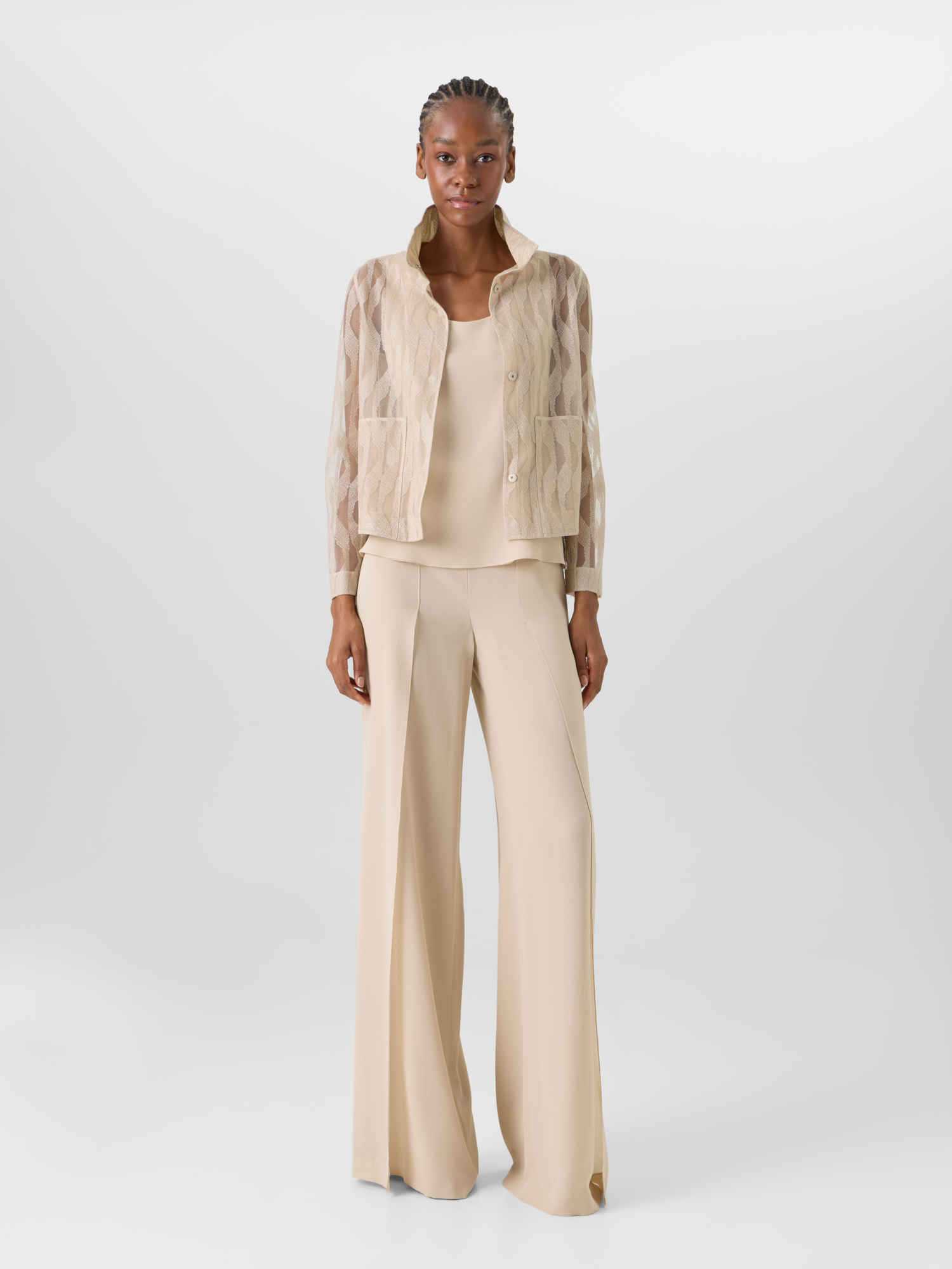 Designer Fellia Weit Ausgestellt Hose aus Seidengeorgette - Beige 