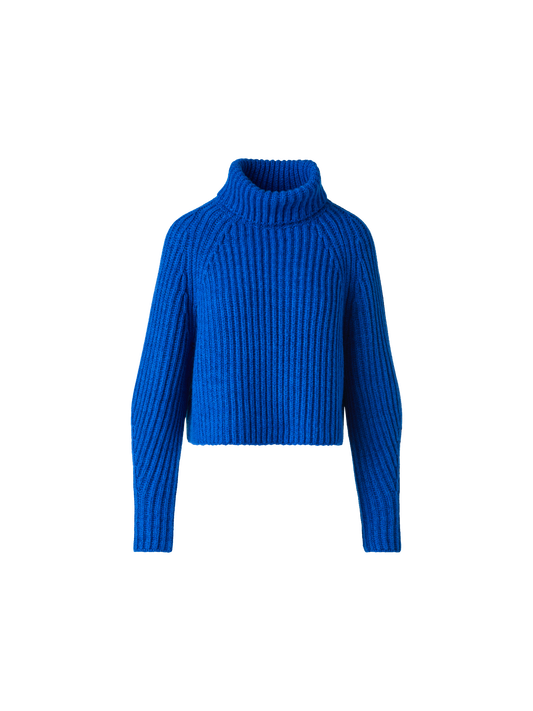Designer Kurzer Kaschmir Rippen Rollkragen Pullover - Blau