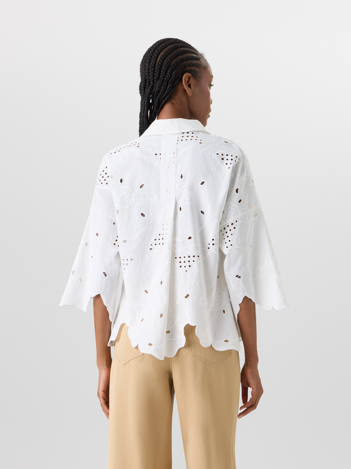 Designer 3/4-Arm-Bluse mit Blumen-Lochstickerei - Weiss #editorial