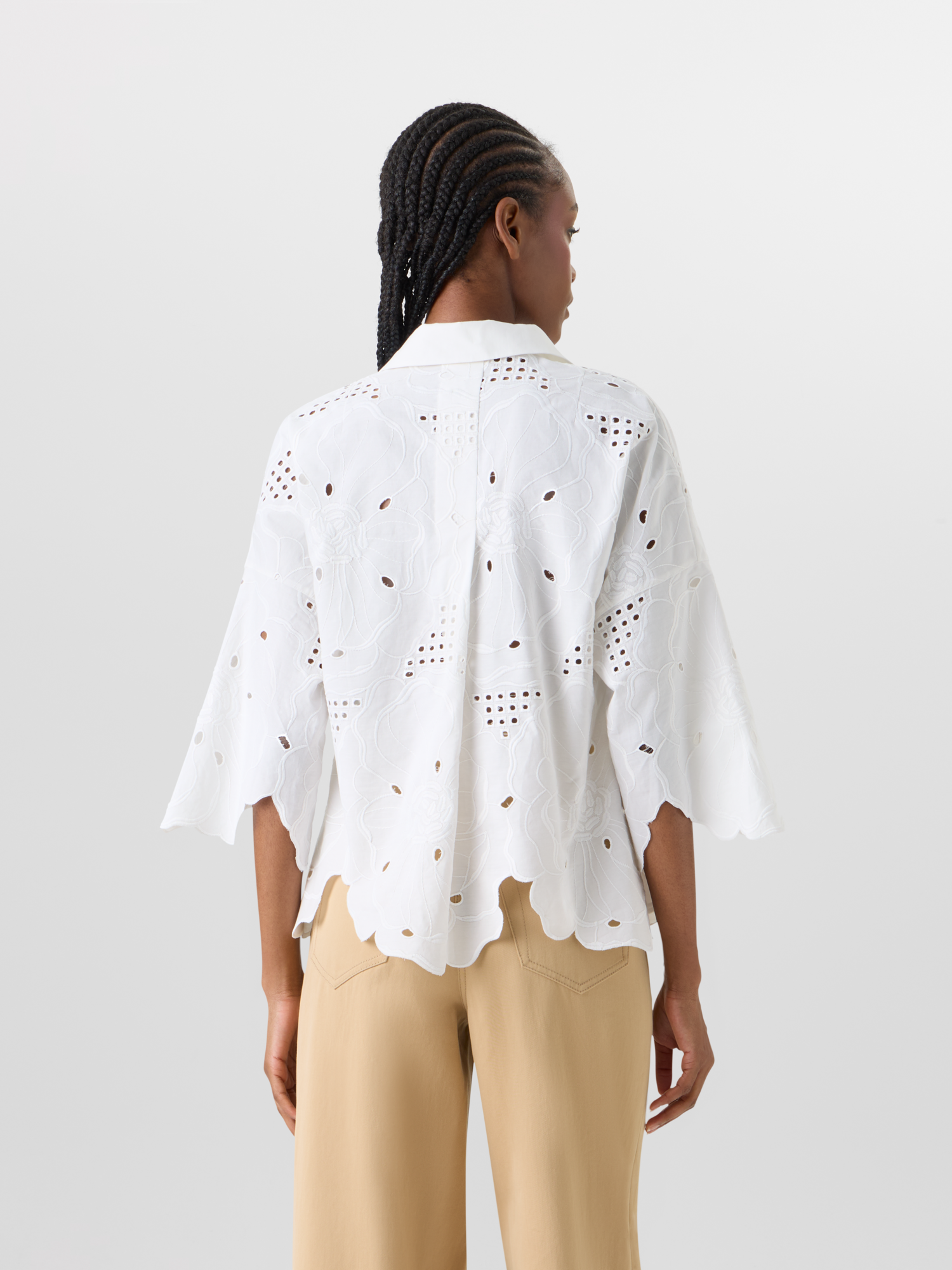 Designer 3/4-Arm-Bluse mit Blumen-Lochstickerei - Weiss 
