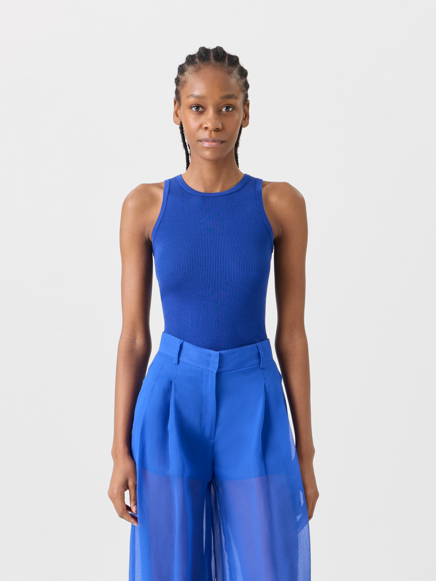 Designer Ärmelloses geripptes Seidenstrick-Top - Blau