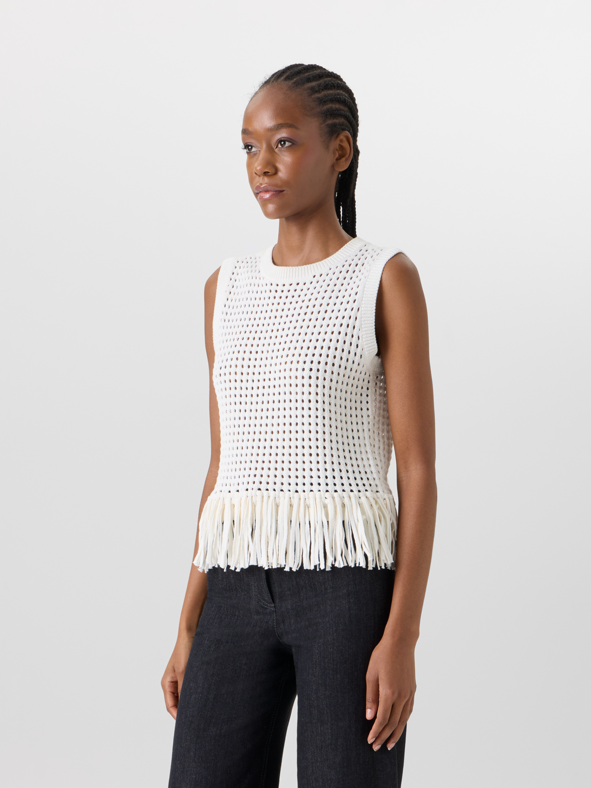 Designer Ärmelloses Stricktop aus grobem Baumwoll-Mesh - Ecru #editorial
