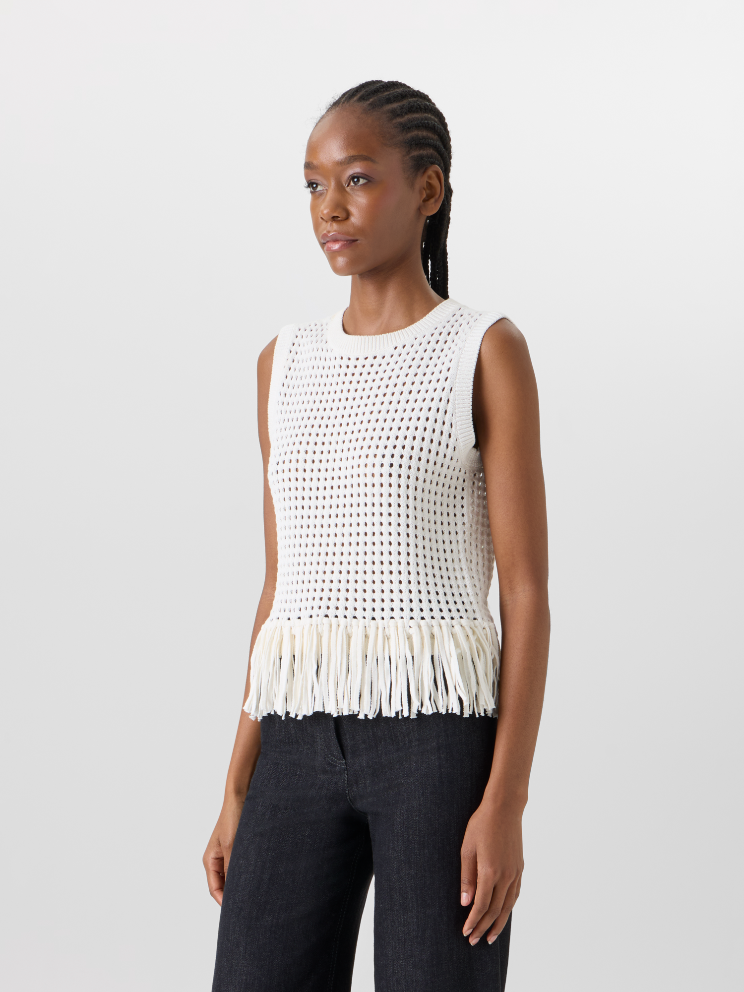 Designer Ärmelloses Stricktop aus grobem Baumwoll-Mesh - Ecru 
