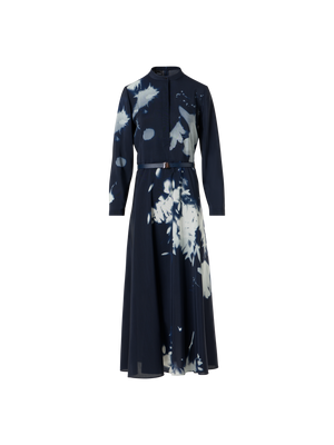 Designer Midi Hemd-Kleid in Wildflower Print mit Gürtel - Dunkelblau - Blau - Bunt