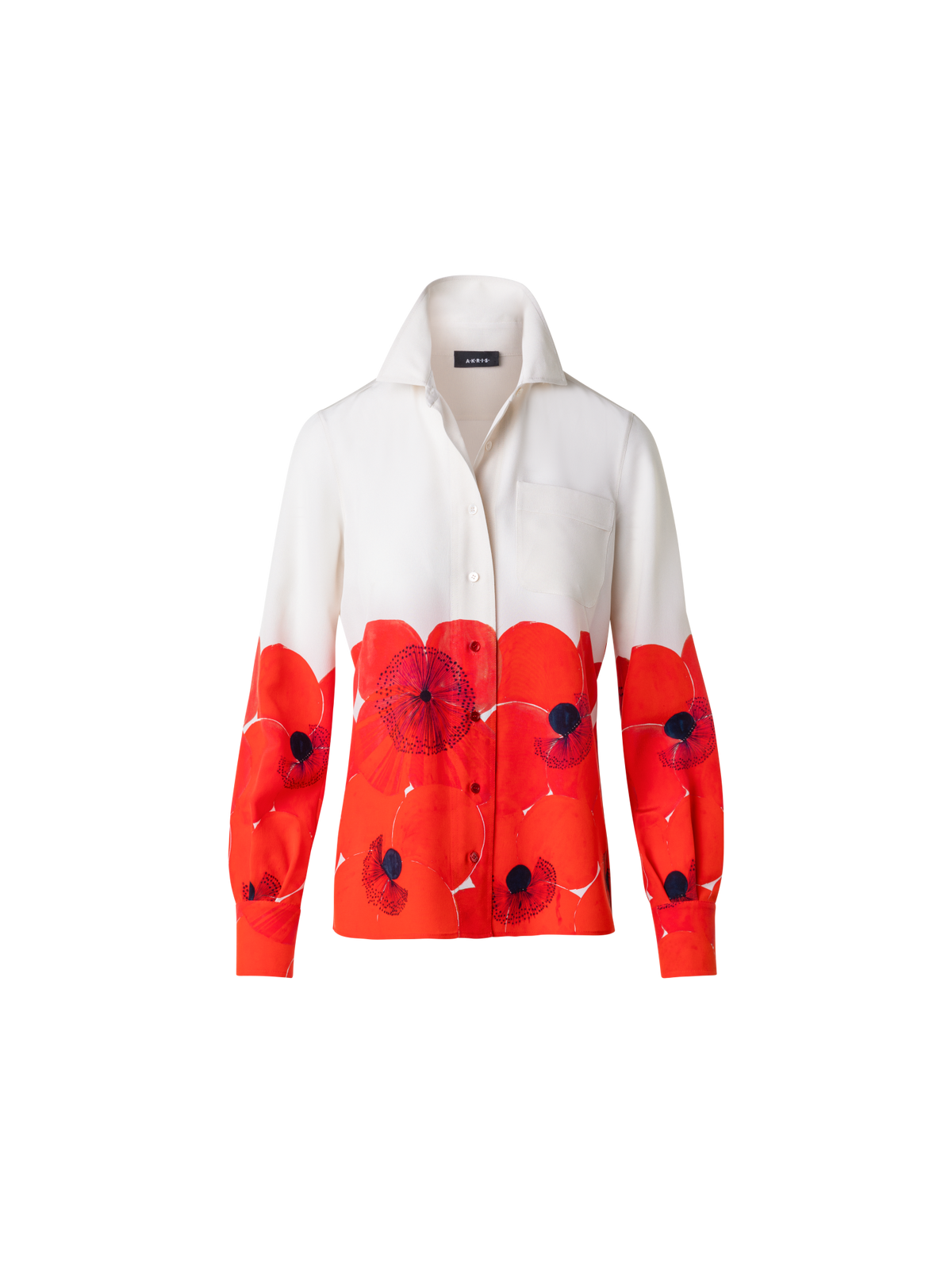 Designer Seiden-Crêpe-Bluse mit Poppy Druck - Bunt - Rot