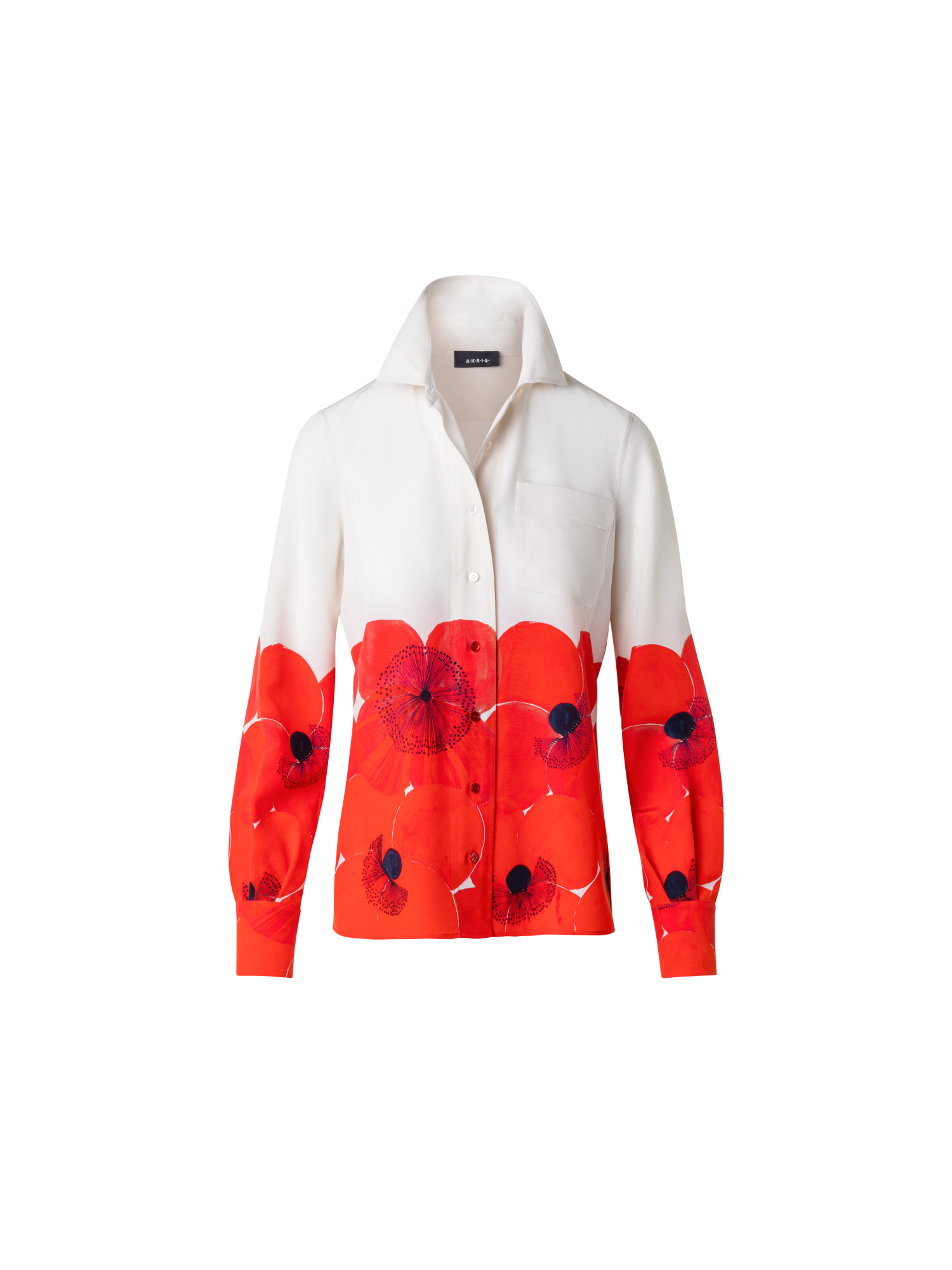 Designer Seiden-Crêpe-Bluse mit Poppy Druck - Bunt - Rot