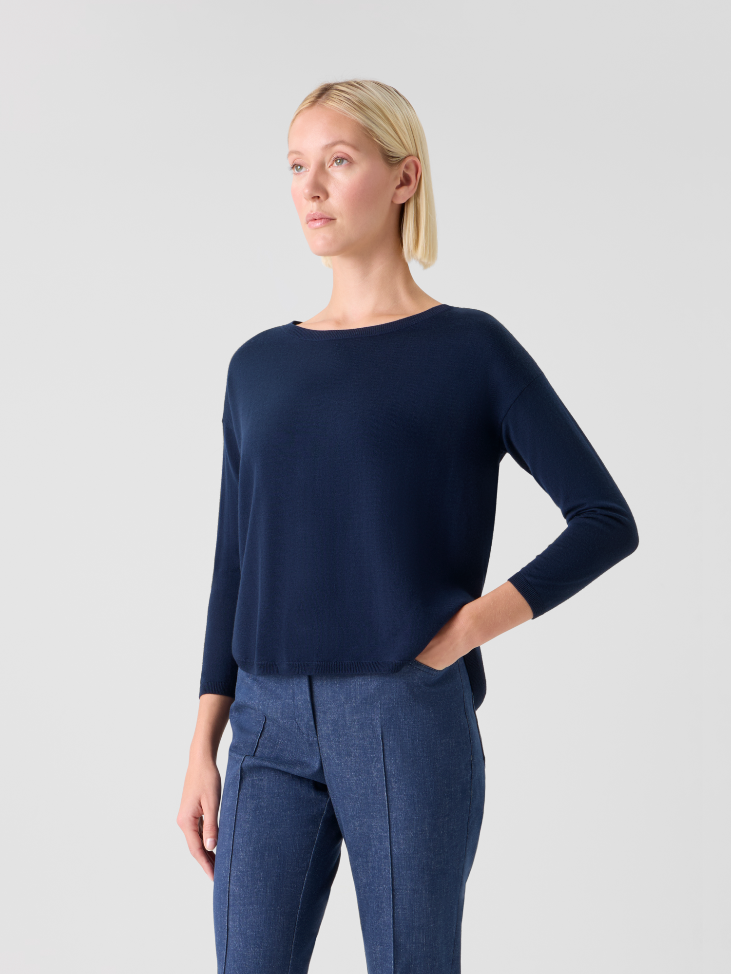 Designer Feiner Merinowolle-Signature-Strickpullover - Dunkelblau - Blau
