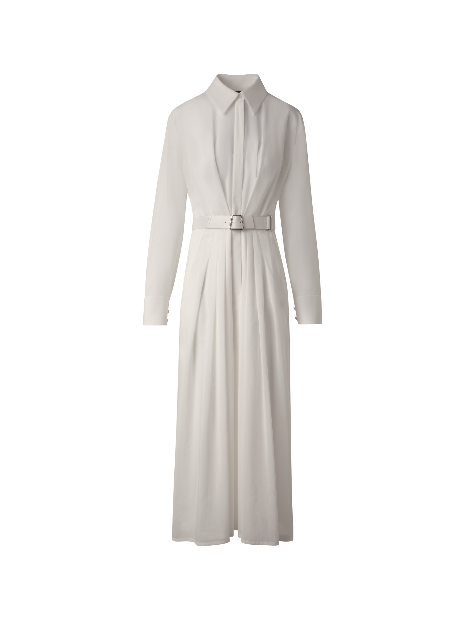 Designer Langärmeliges Baumwoll-Blusenkleid mit Gürtel - Grau - Beige