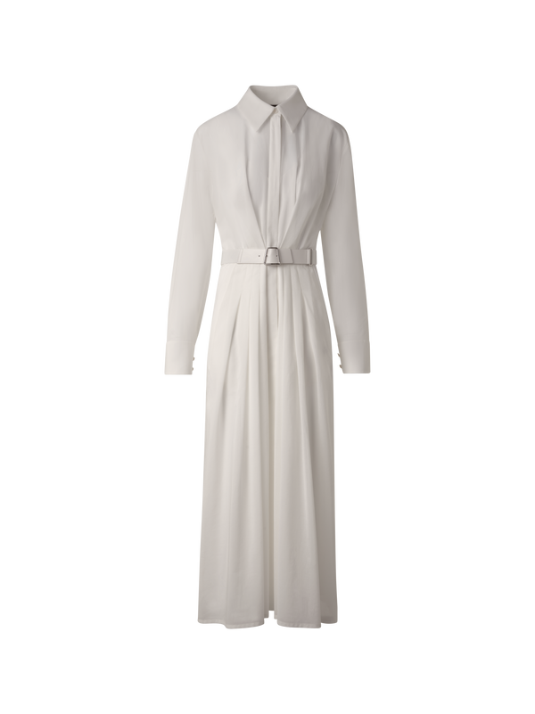 Designer Langärmeliges Baumwoll-Blusenkleid mit Gürtel - Grau - Beige