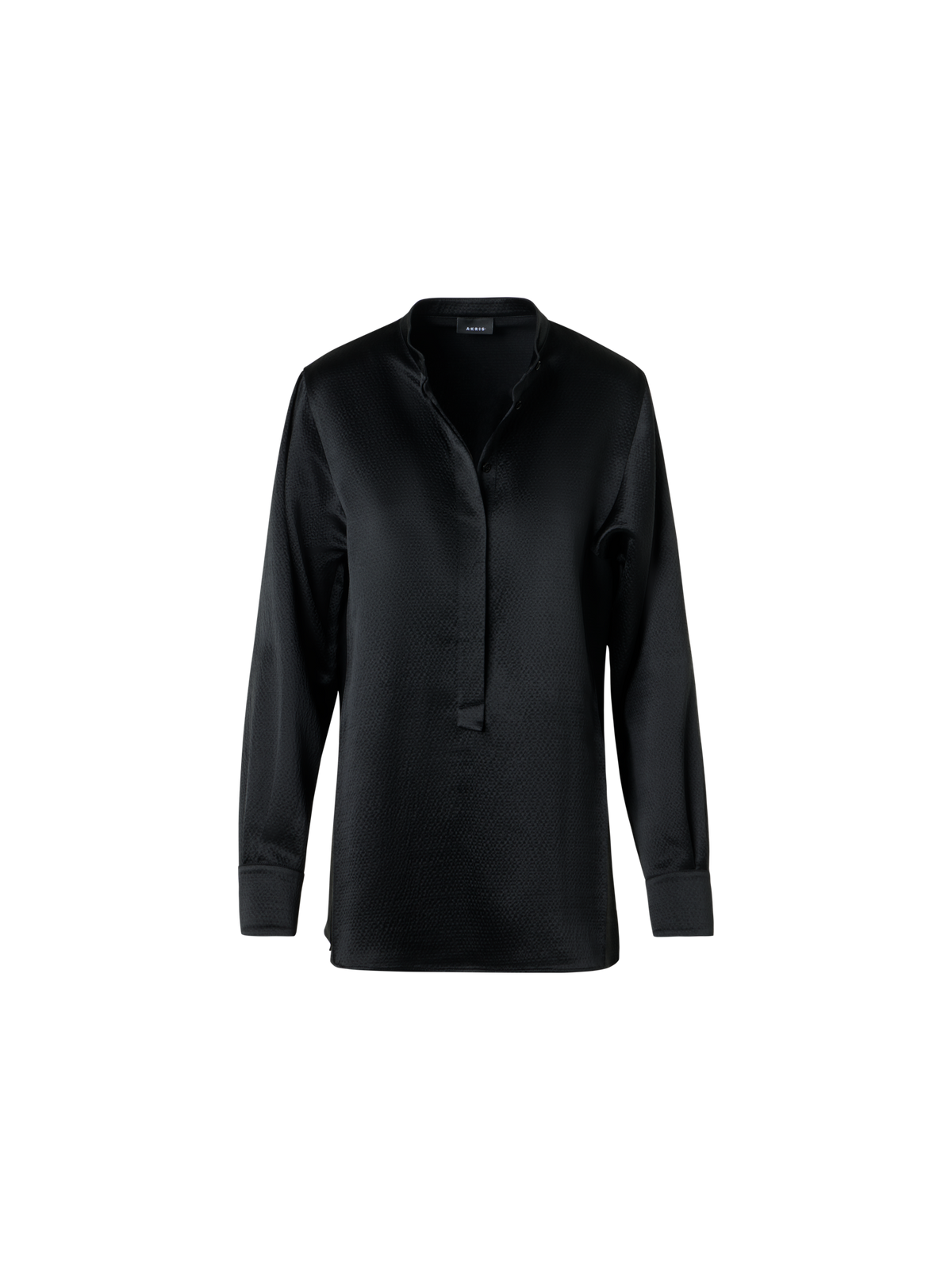 Designer Schlanke Tunika-Bluse aus gehämmertem Seiden-Wollsatin - Schwarz