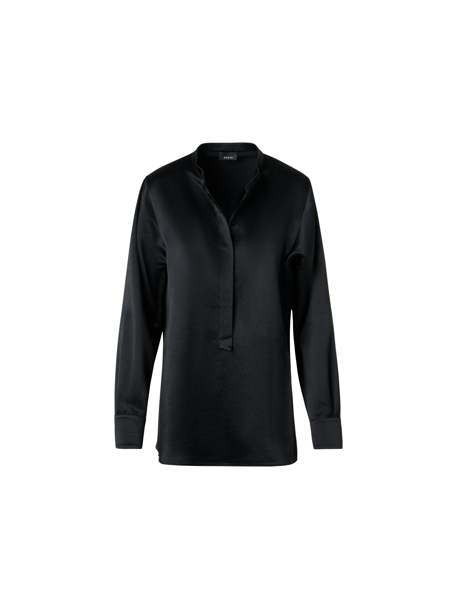 Designer Schlanke Tunika-Bluse aus gehämmertem Seiden-Wollsatin - Schwarz