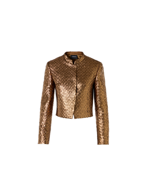 Designer Kurze Metal Braid Jacke mit Satindetails - Gold